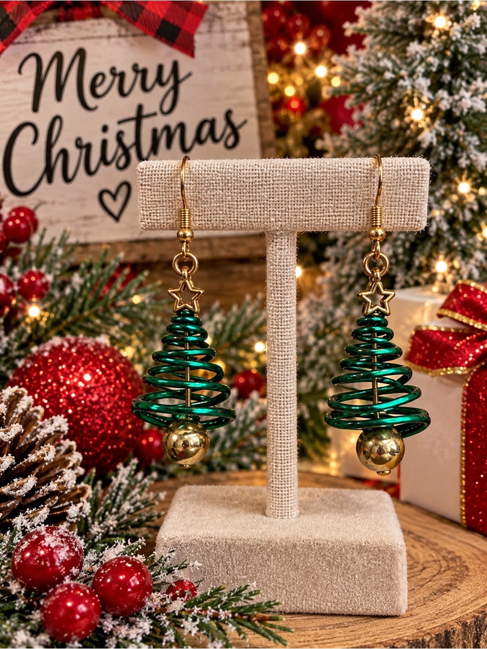 Festive Green Spiral Christmas Tree Earrings - Gold Accents